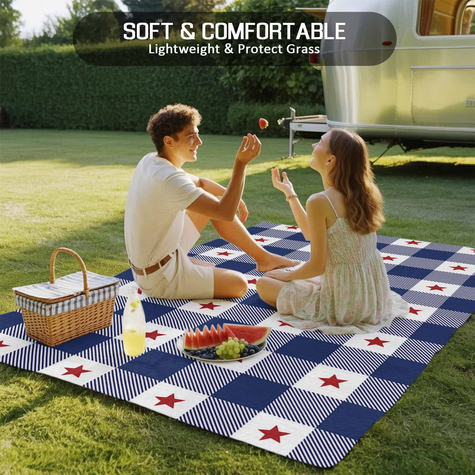 Outdoor Rug 4x6 ft 4th of July Red Americana Stars Waterproof Outdoor Patio Rug Mat Non Slip Outside Area Rugs Carpet for RV,Camping,Porch,Deck,Pool,Balconybackyard,Blue White Check Plaid