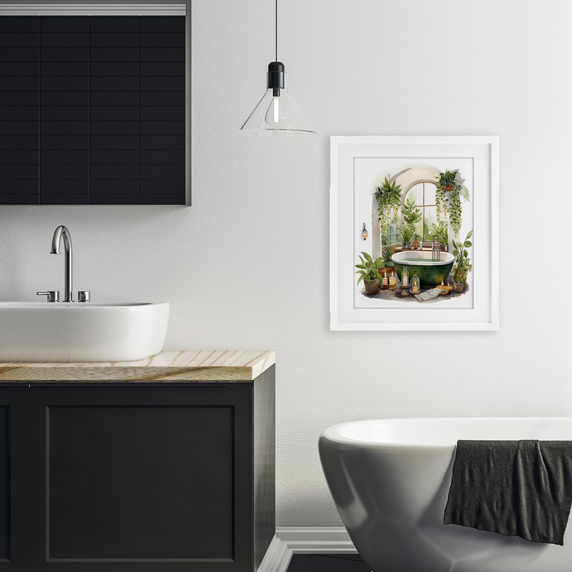 Tranquil Tub with Candles & Greenery White Framed Print Under Glass, design by Lettered and Lined