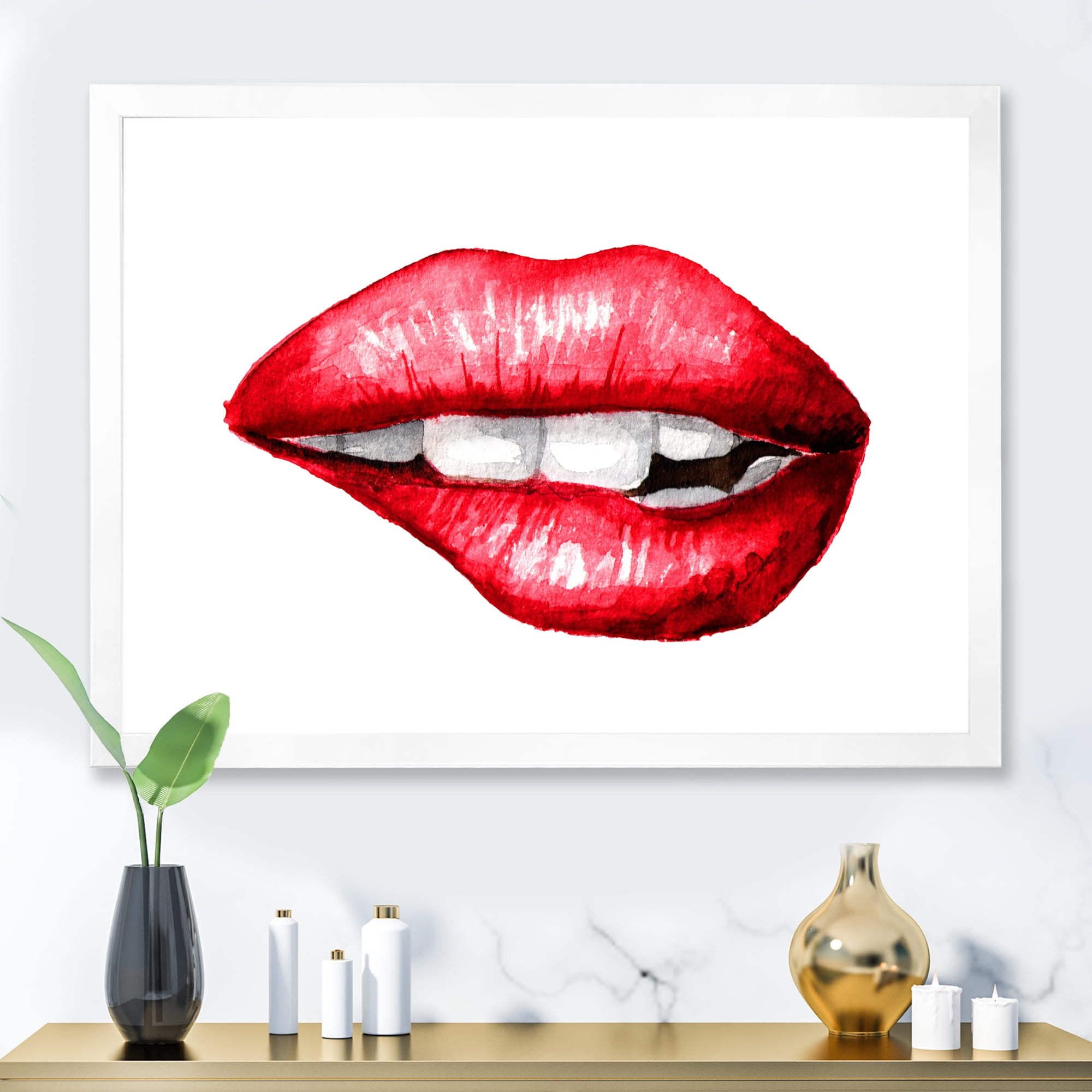 Designart 'Sexy Plump Puffy Girl Lips Biting' Modern Framed Art Print