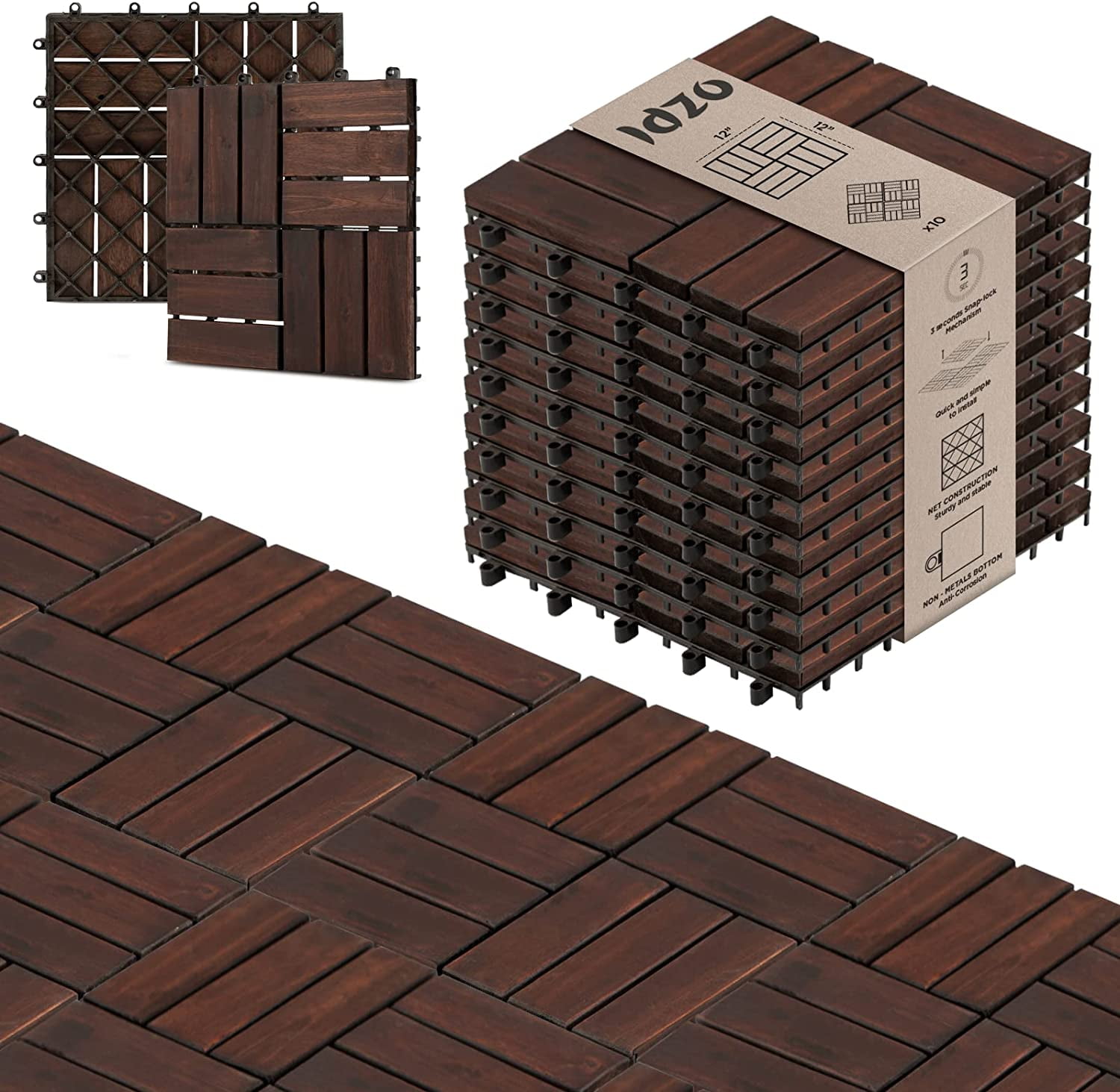 Idzo Interlocking Deck Tiles 10PCS Waterproof Acacia Wood Patio Tiles