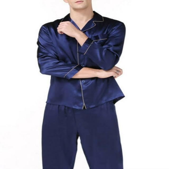 Pyjamas Classiques pour Hommes Col Rabattu Manches Longues Hauts Pantalons Longs Ensembles de Nuit en Soie