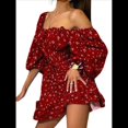 thumbnail image 3 of Vestido Corto Bohemio con Hombros Descubiertos, Mangas Abullonadas y Estampado Floral para Mujer, Corte A, Minivestidos Rojo L, 3 of 7