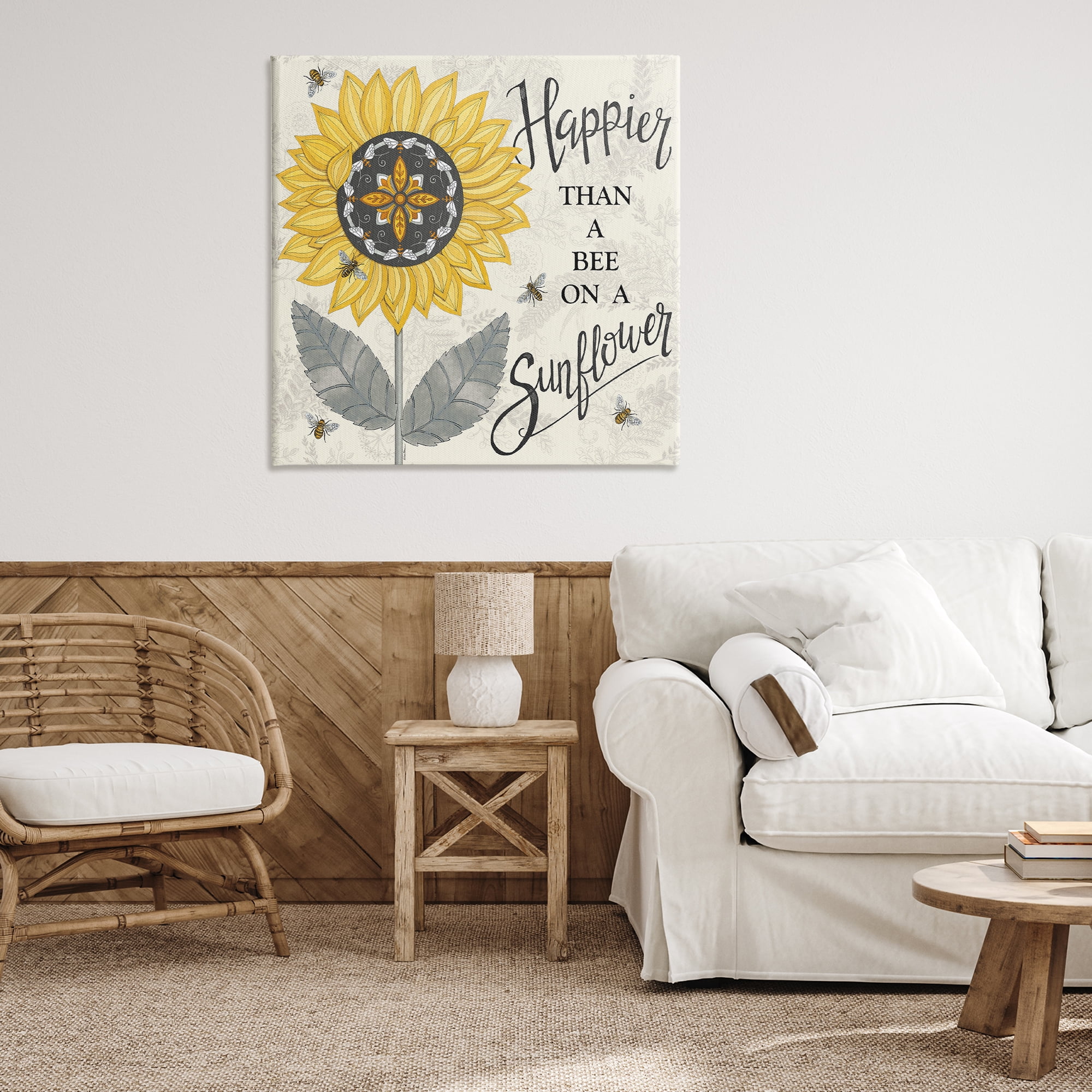Stupell Industries Happier Than Bee & Sunflower Plants & Flowers Painting Wrapped Canvas Art Print Wall Art, 36 x 36
