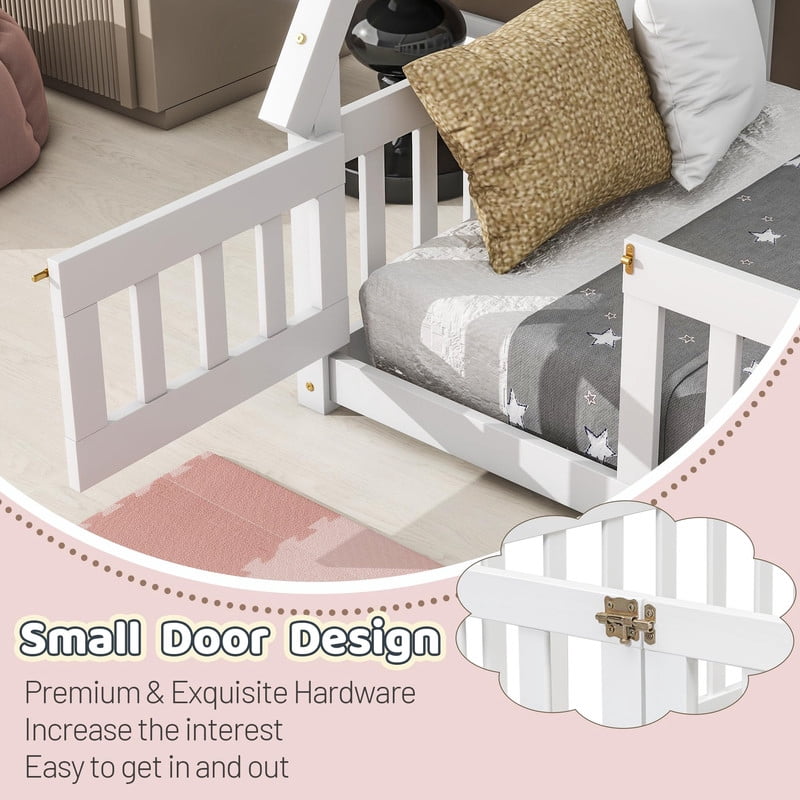 Mirightone Twin House Bed Frame with Rails and Door,Wood Montessori Bed with Slats Support,Teepee Tent Floor Beds Frame - White