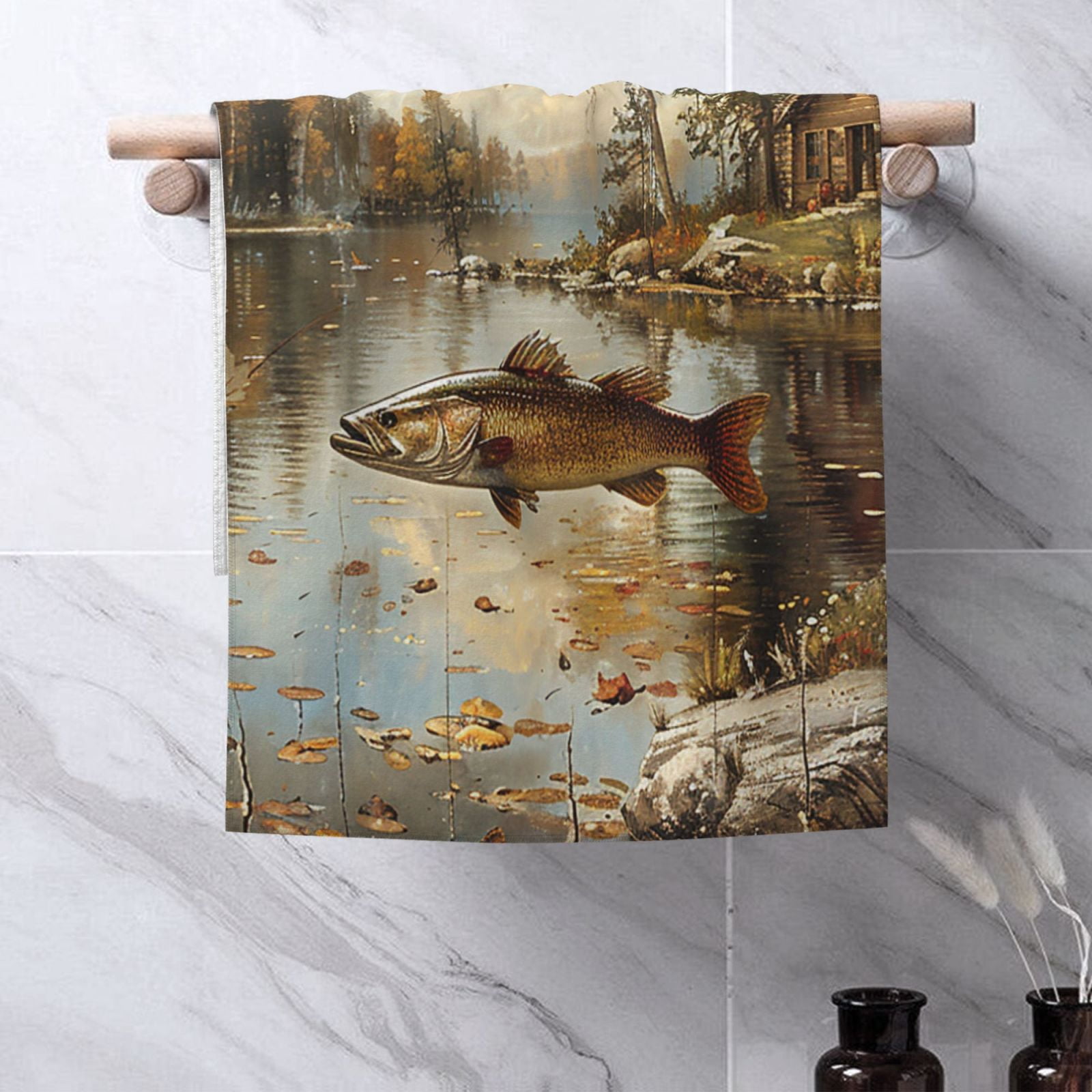 Hunting Cabin Fish Leaf Fishing Vintage 27.5" x 16" Ultra Soft Hand Towel, Face Wash Cloth for Bathroom, Gym, Travel, Pool