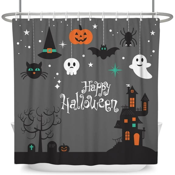 Happy Halloween Shower Curtain for Kids Shower Curtain Cute Spooky Haunted Castle Bat Pumpkin Spider Witch Hat Bathroom Curtain Grey Background Waterproof Fabric with Hooks 72Wx72H Inch