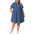 thumbnail image 2 of Agnes Orinda Women's Plus Size Babydoll Denim Dress Button Down Lapel Short Sleeves Casual Jean Shirt Dresses with Pockets 5X Mid Blue, 2 of 7