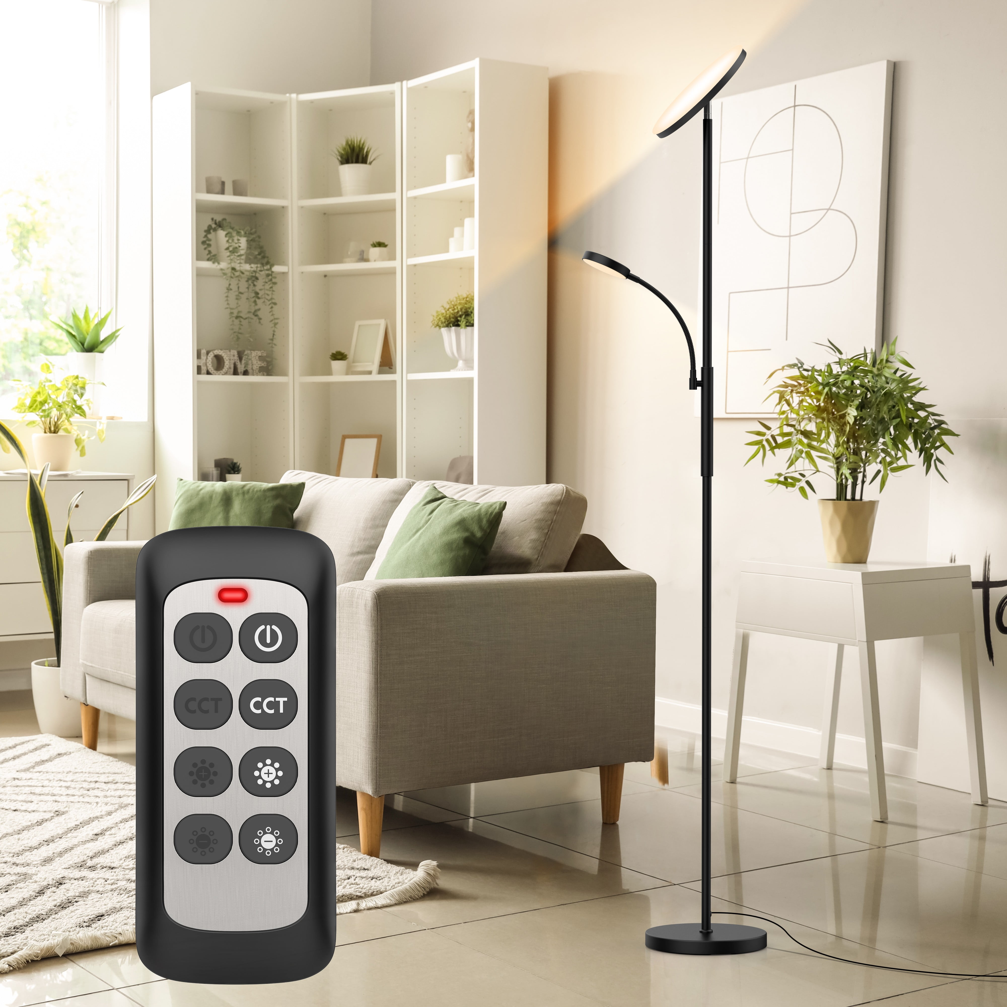 LED Floor Lamp for Bright Living Room Lighting, Dual-Head 27W/2000LM Main & 7W/350LM Side Reading Lamp, 3 Adjustable Colors with Remote & Touch Control