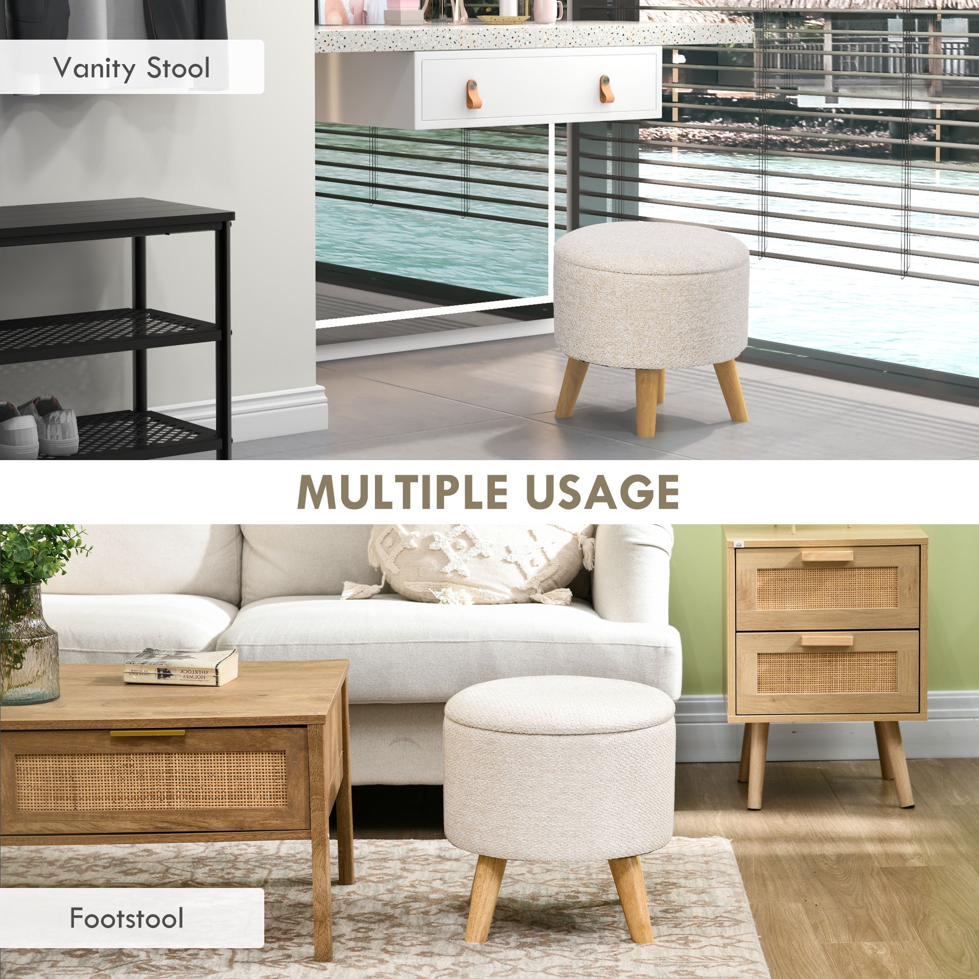 HOMCOM Storage Ottoman, Round Footstool with Linen Feel Fabric Upholstery, Removable Top, Hidden Space and Wood Legs for Living Room, Cream White