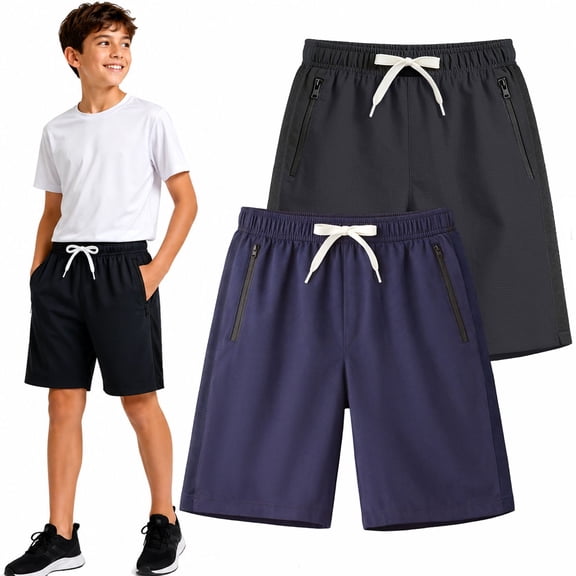 HILEELANG 5-15T Boys 2-Pack Quick Dry Athletic Sweat Shorts, Elastic Waist Active Shorts with Zipper Pockets for Kids Youth