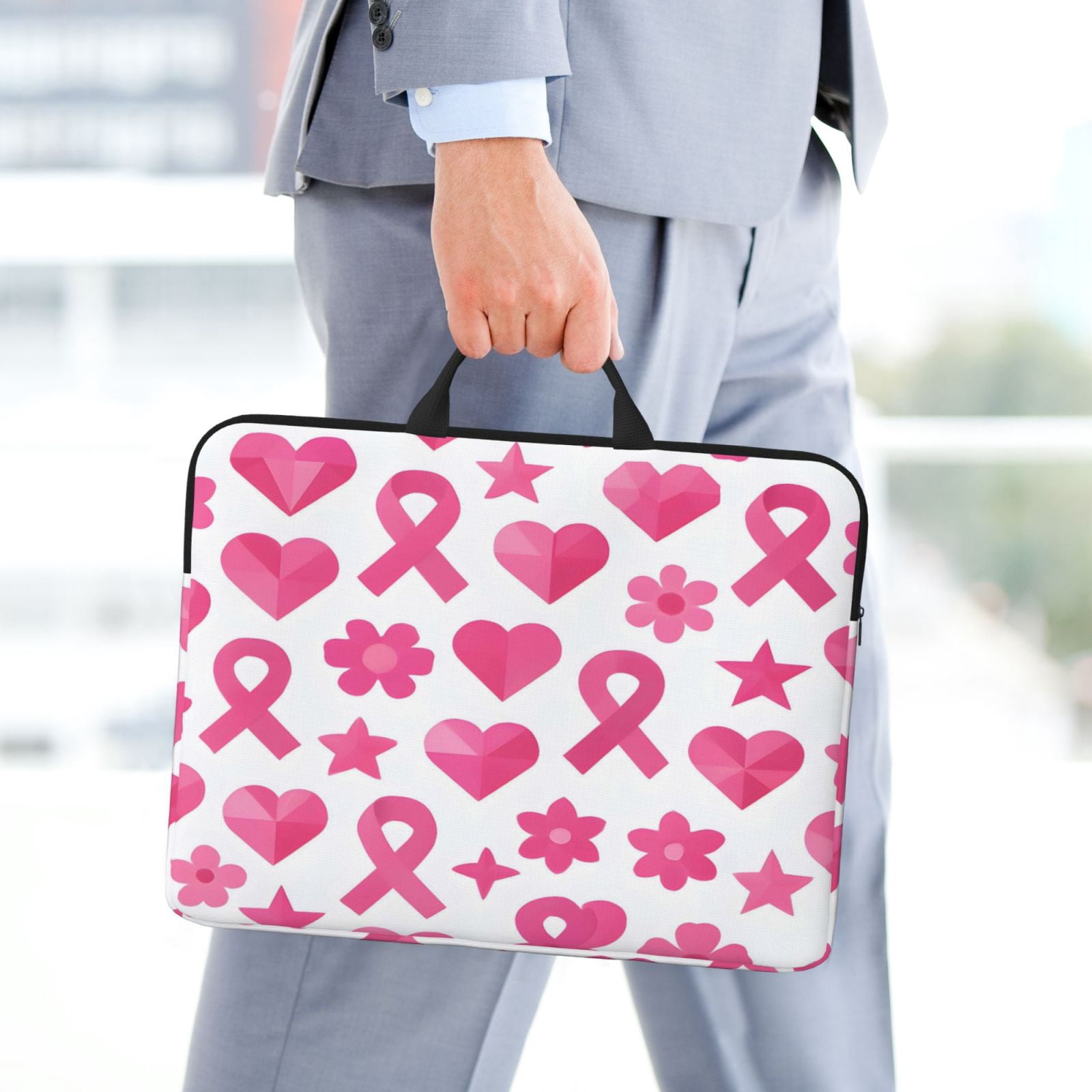 Laptop Sleeve Bag For Women Men 14inch Waterproof Durable Protective Computer Carrying Cover Handle Laptop Case Bag Modern Pink Ribbon Pattern With Geometric Elements