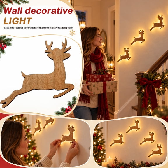 Lighted Wooden Christmas Reindeer Decorations, 12 Pack LED Holiday Figurines with Battery Included, 5.1in Mantel Table Display, Xmas Gift