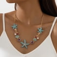 thumbnail image 1 of Eosunjian Exaggerated Women Necklace Ocean Theme Starfish Coral Shell Hollow Out Faux Pearl Rhinestone Decor Adjustable Length Lady Vacation Beach Neck Jewelry Blue,Blue,Pattern1, 1 of 13