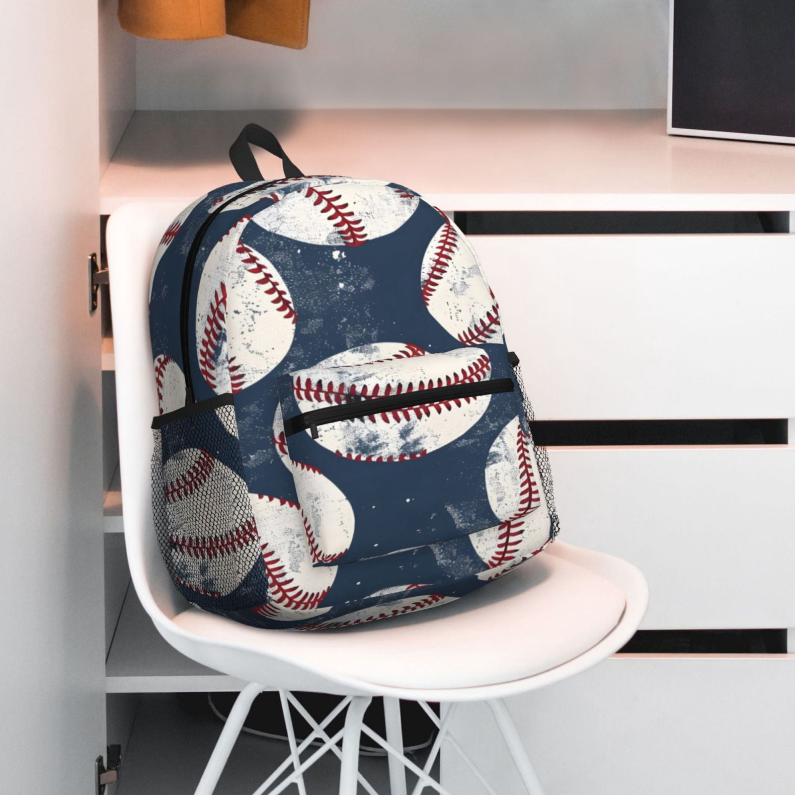 Casual Backpack Water Resistant Lightweight Daypack For Work Travel Hiking Camping Laptop Compartment & Side Mesh Pockets Vintage Baseball Theme Retro Sport Style Worn Leather Baseballs