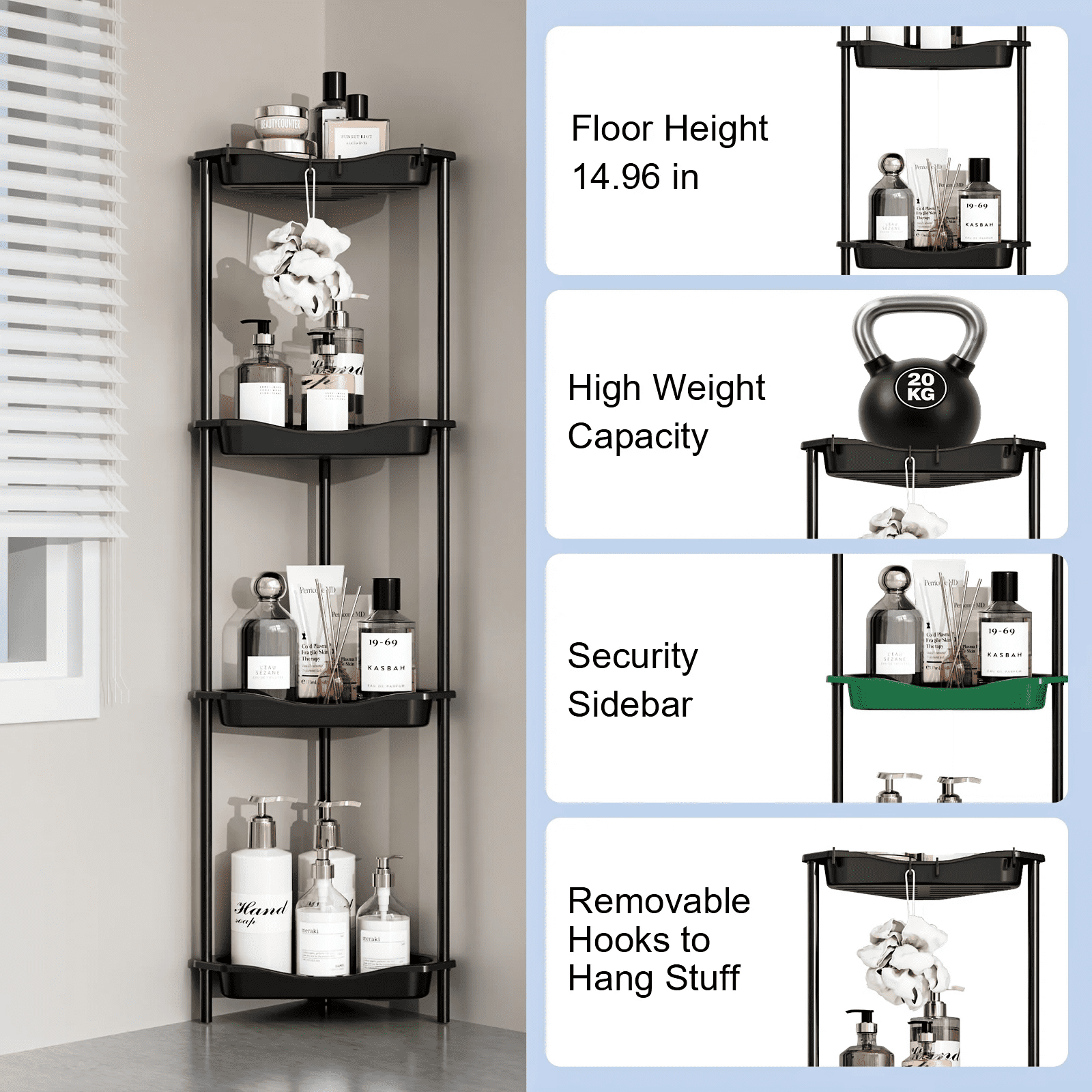 TINANA 4 Tier Floor Standing Corner Shower Caddy Organizer: Reinforced Plastic Shower Shelves with Extra-Tall Storage for Large Shampoo Bottles, Rustproof Bathroom Corner Shelf Rack with Hooks, Black