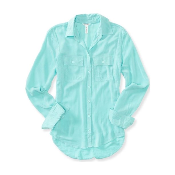 Aeropostale Womens LS Pocket Button Up Shirt, Verde, Mediano Aeropostale Camisa con botones