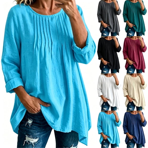 Tqcoqu Women's Cotton Linen Long Sleeve Loose Tunic Blouse,Round Neck Pleated Front Tops,2026 Spring Fall Trendy Clothes,Blue Women's S-XXXL