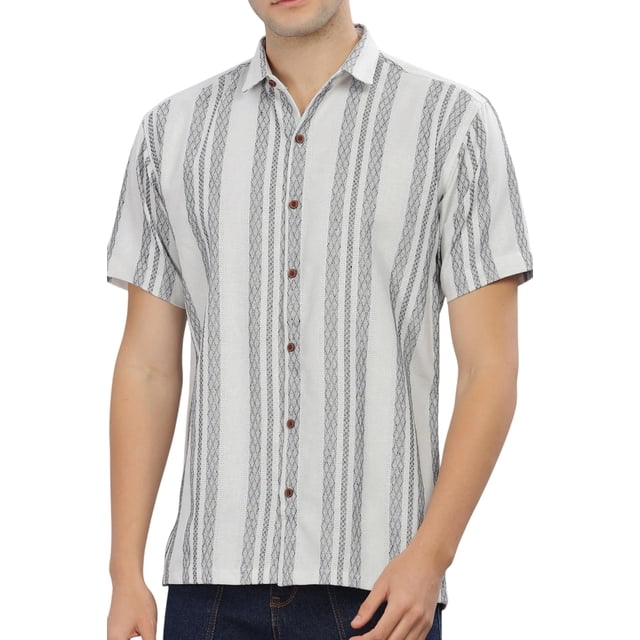 Mildin Men'S Cotton Blend Striped Printed Shirt With Spread Collared Neck Half Sleeve Button Closure Regular Fit Straight Standard Length | Shirts For Men Stylish | White Navy Zara Lining Half-2Xl