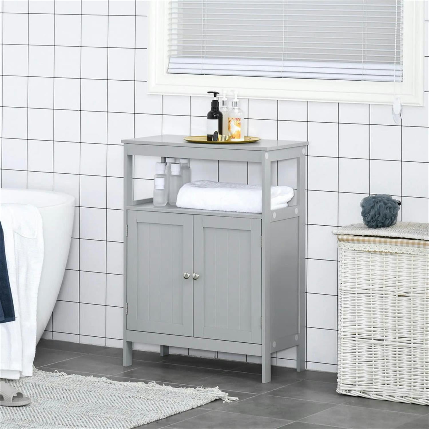 Demi Bonn 32" Bathroom Floor Cabinet, Freestanding Bathroom Storage Cabinet with Double Doors and Open Shelf, for Living room, Entryway, Kitchen, Gray