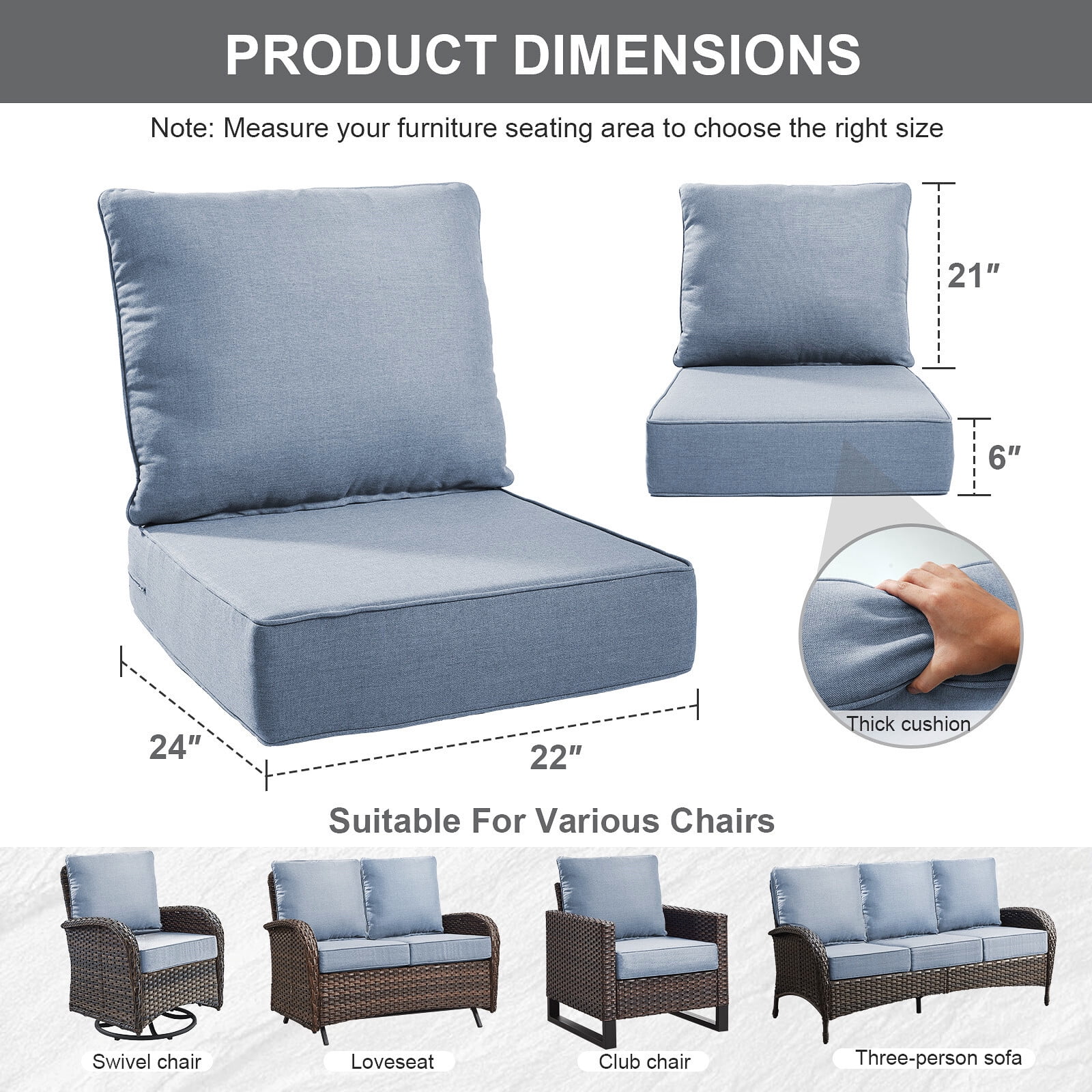 Bellefurn Luxury Outdoor Deep Seat Cushion 22 X 24 X 6 inch for Patio Furniture,Outdoor Sofa Cushions Chairs Cushions,Waterproof & Fade Resistant Patio Furniture Cushions for Wicker Chair,Couch