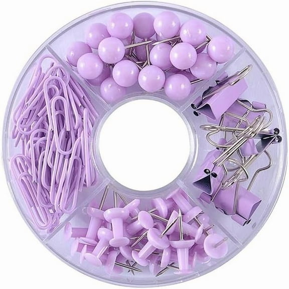 1 Box 105Pcs Plastic Push Pins Paper Clips Thumb Tacks Assorted Kit Lilac