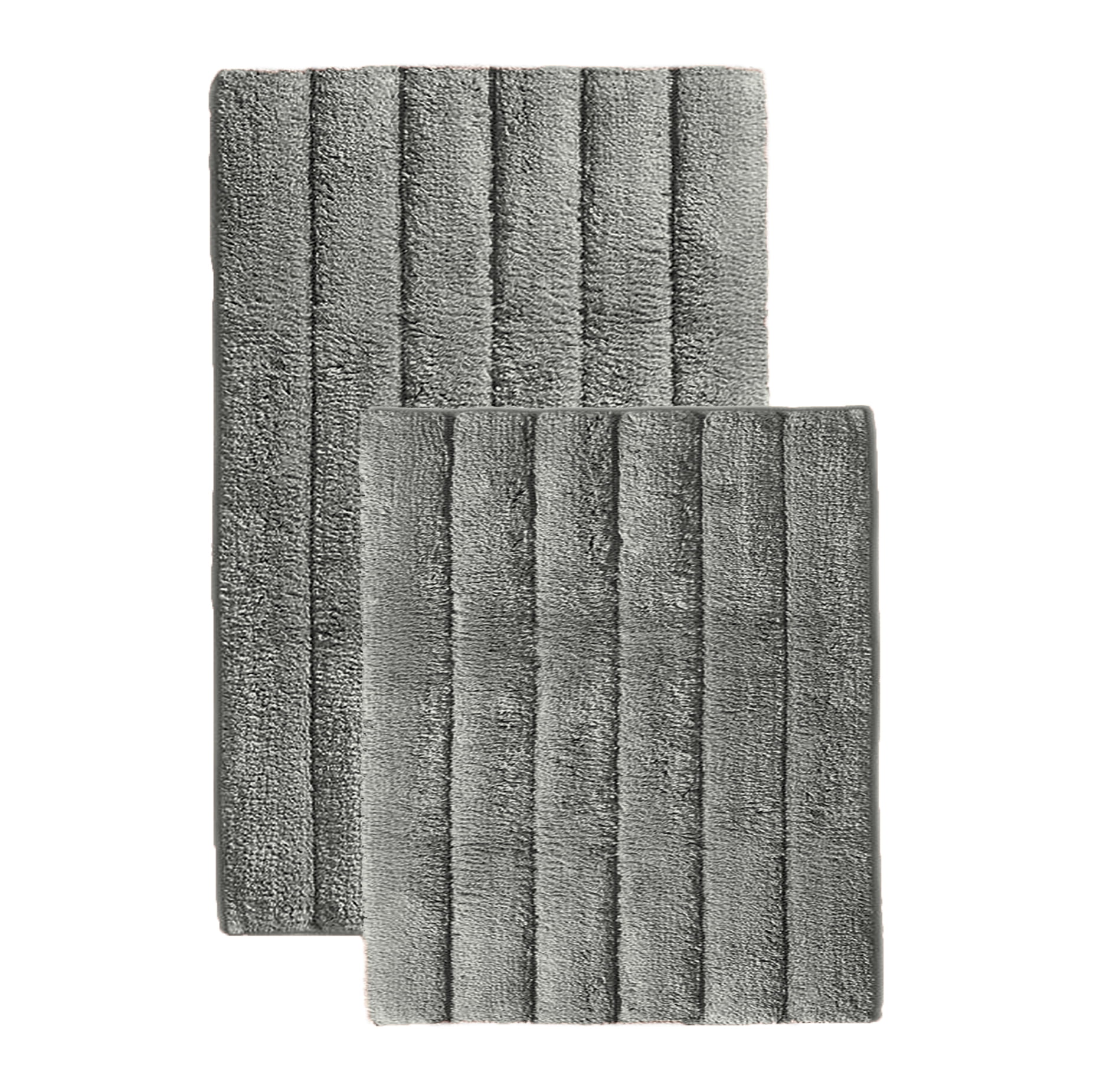 Charcoal Grey 2 Piece Bath Mat Set -Solid Striped Bathroom Mat Soft Plush Thick
