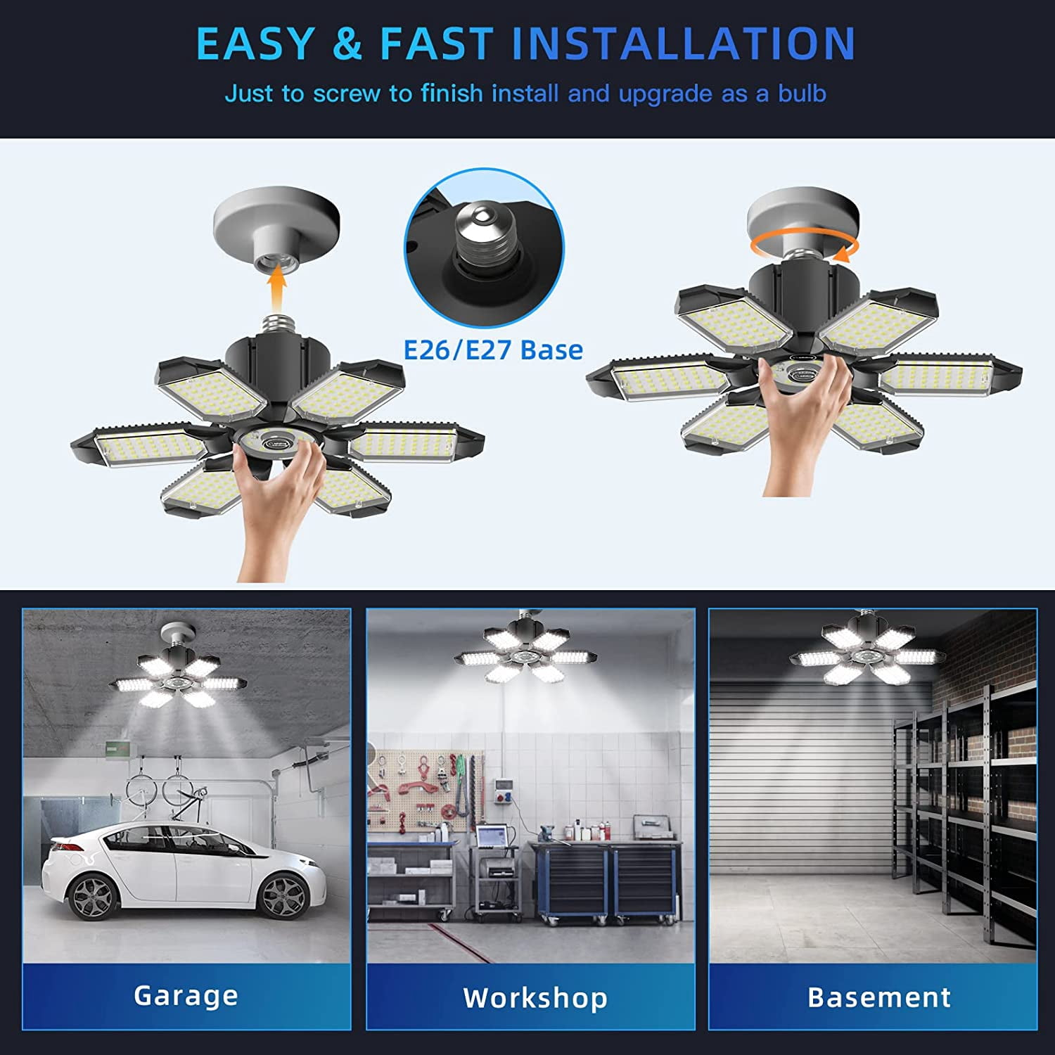 LED Adjustable Garage Light, 40,000lm 6500K 6-Panel E26/E27 (4 Pack)