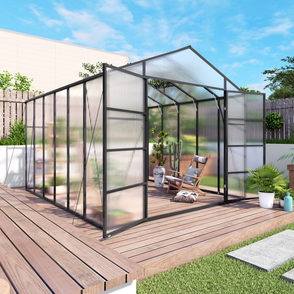Youmumeub Large Walk-In Polycarbonate Greenhouse 10x12, All-Season Backyard Plant Nursery with Raised Base, Black Frame Hot House for Vegetables & Flowers