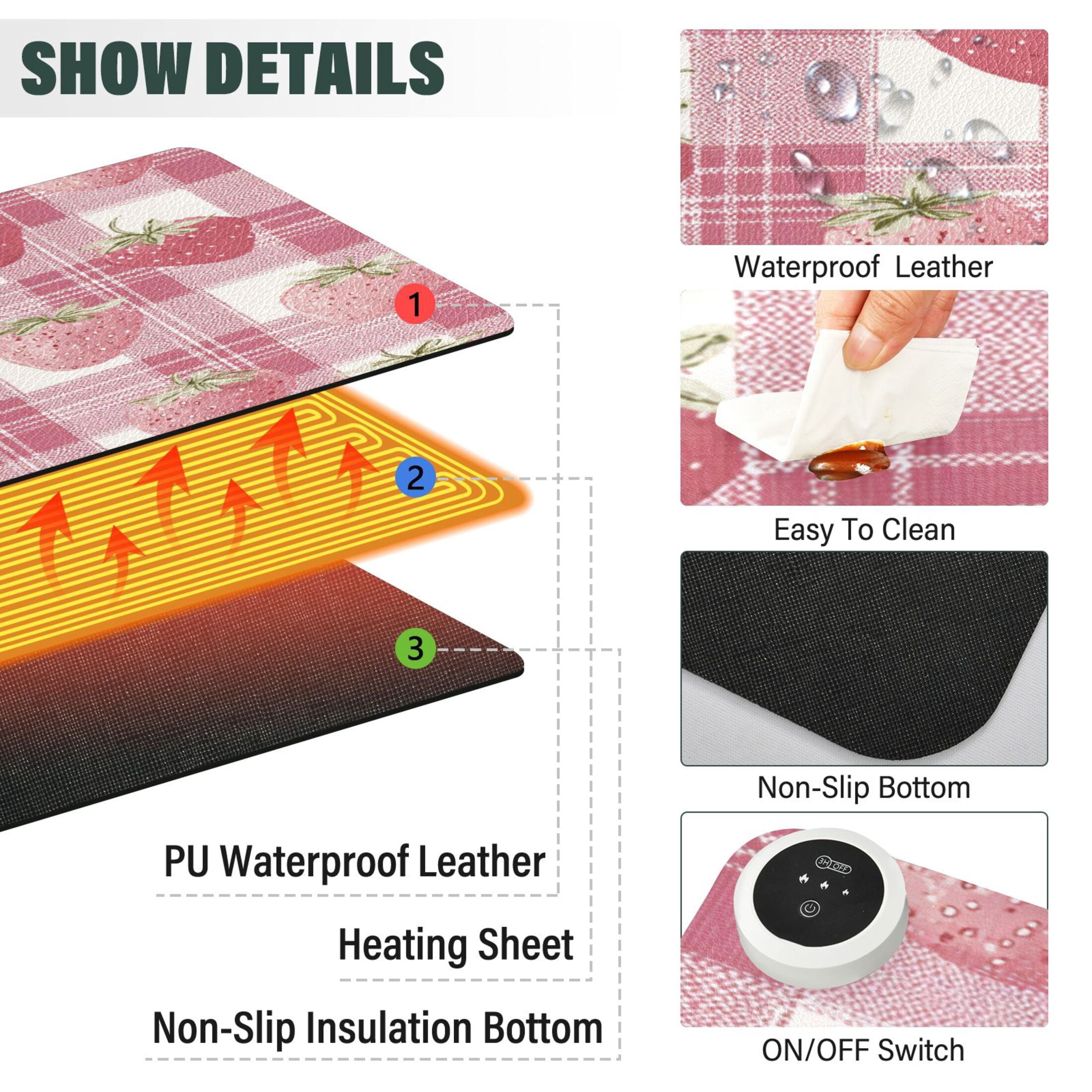 Large Heated Desk Mat Mouse Pad 31.5"x13"PU Leather Graphene Heating Desk Warmer with 3 Temperature Settings 110V US Plug Non-Slip Warm Pad for Home, Office, and Gaming Pink Strawberry Plaid Print