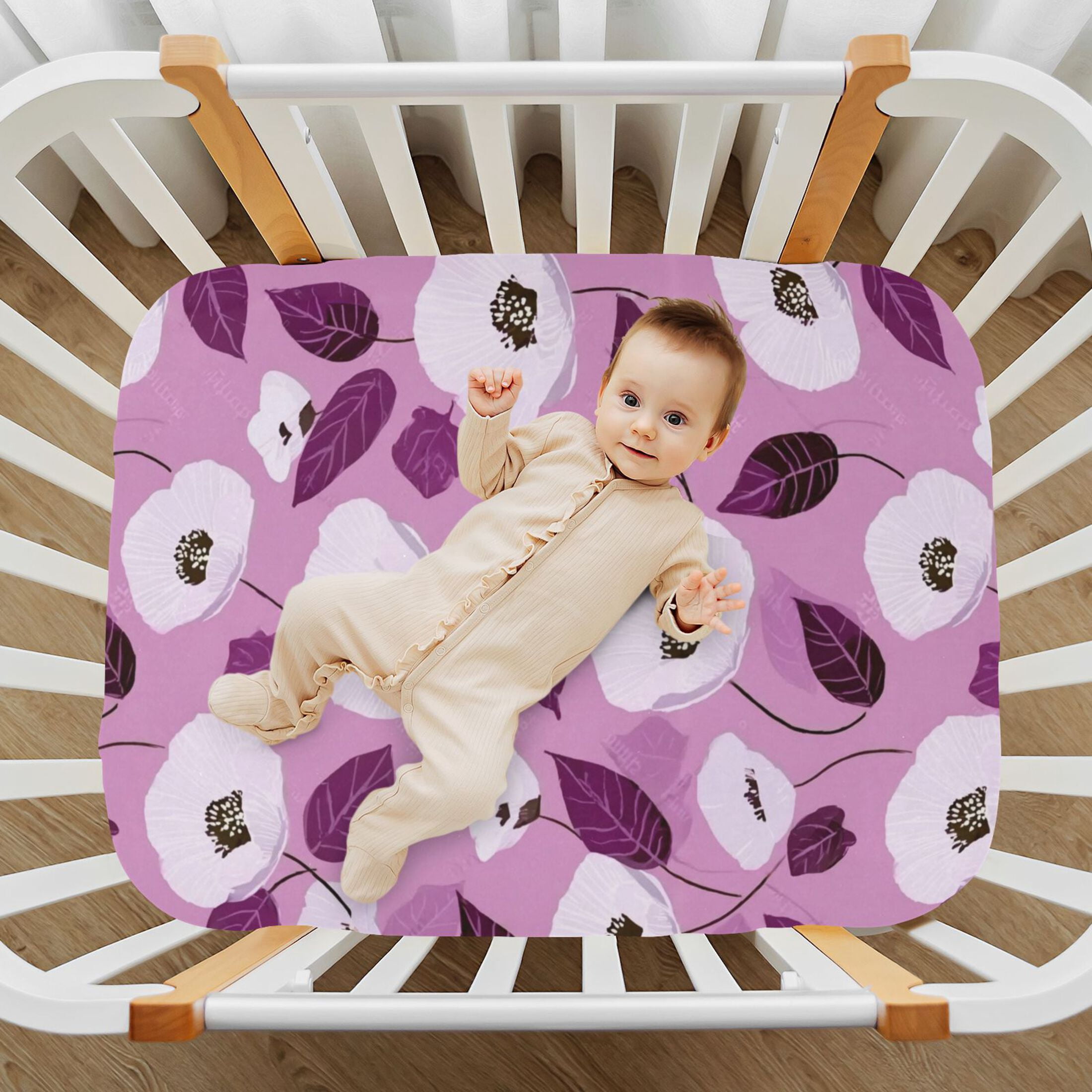 Baby Essentials 52”x 28”- Standard Cotton-like Modal Elastic- Purple Flowers Design Crib Sheets for Newborns and Toddlers