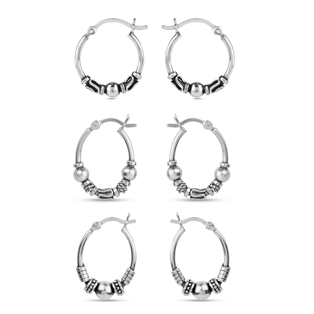 LeCalla 925 Sterling Silver Hypoallergenic Balinese Hoop Earrings Set for Women and Teen, 3 Pairs (17MM, 20MM)
