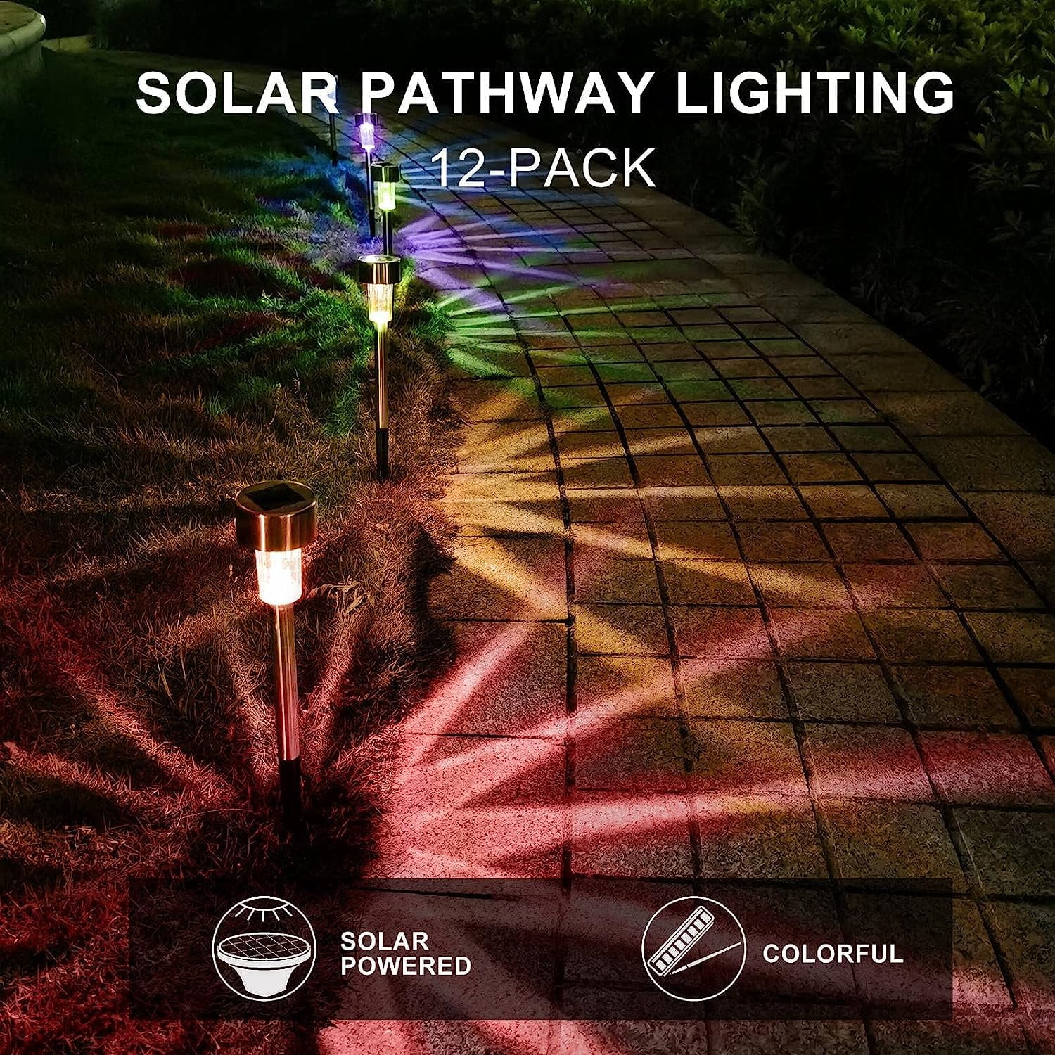 PUCACHI 12 Pack Outdoor Solar Lights Solar Landscape Lights, Stainless Steel LED Outdoor Lighting, Waterproof Garden Lights for Walkway, Terrace, Multicolor