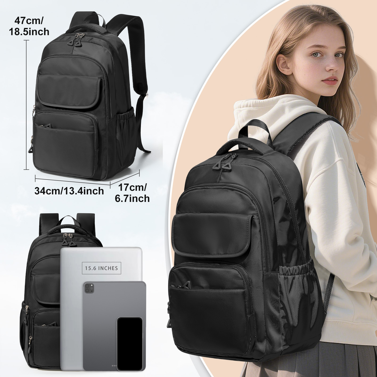 Cute Backpack for Women Men, Waterproof High School Bag Basic Backpack for College Students, Travel Laptop Backpack Lightweight Casual Daypack, Middle School Bookbag, Black