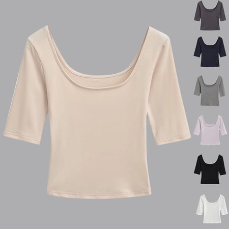 YHAJDS Womens Tops 3/4 Sleeve Round Neck Solid Color Fashion Blouse Casual Top