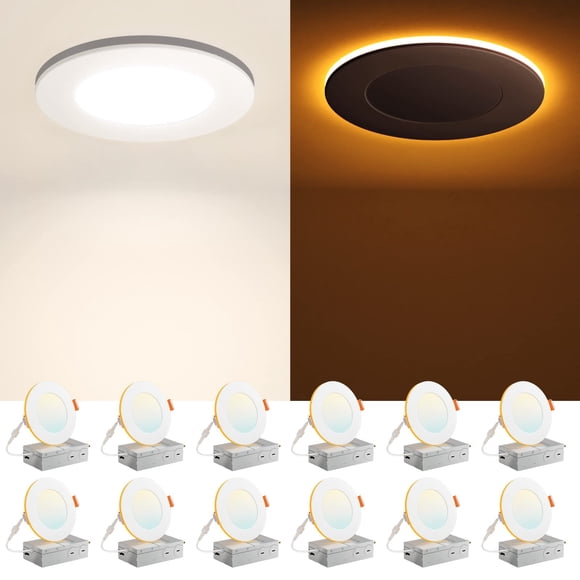 Amico 12 Pack 4 Inch 5CCT Recessed Pot Light with Night Light, 2700K/3000K/3500K/4000K/5000K Selectable, 10W 700LM Dimmable Lumiere Encastre Plafond