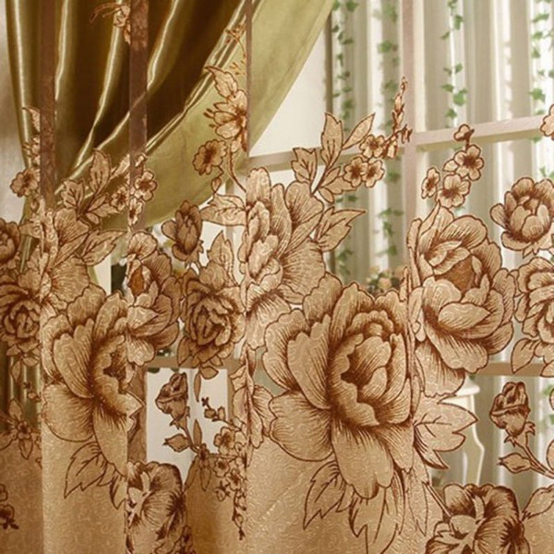 European Peony Pattern Voile Curtains Tulle Sheer Valances Home Decoration Brown 