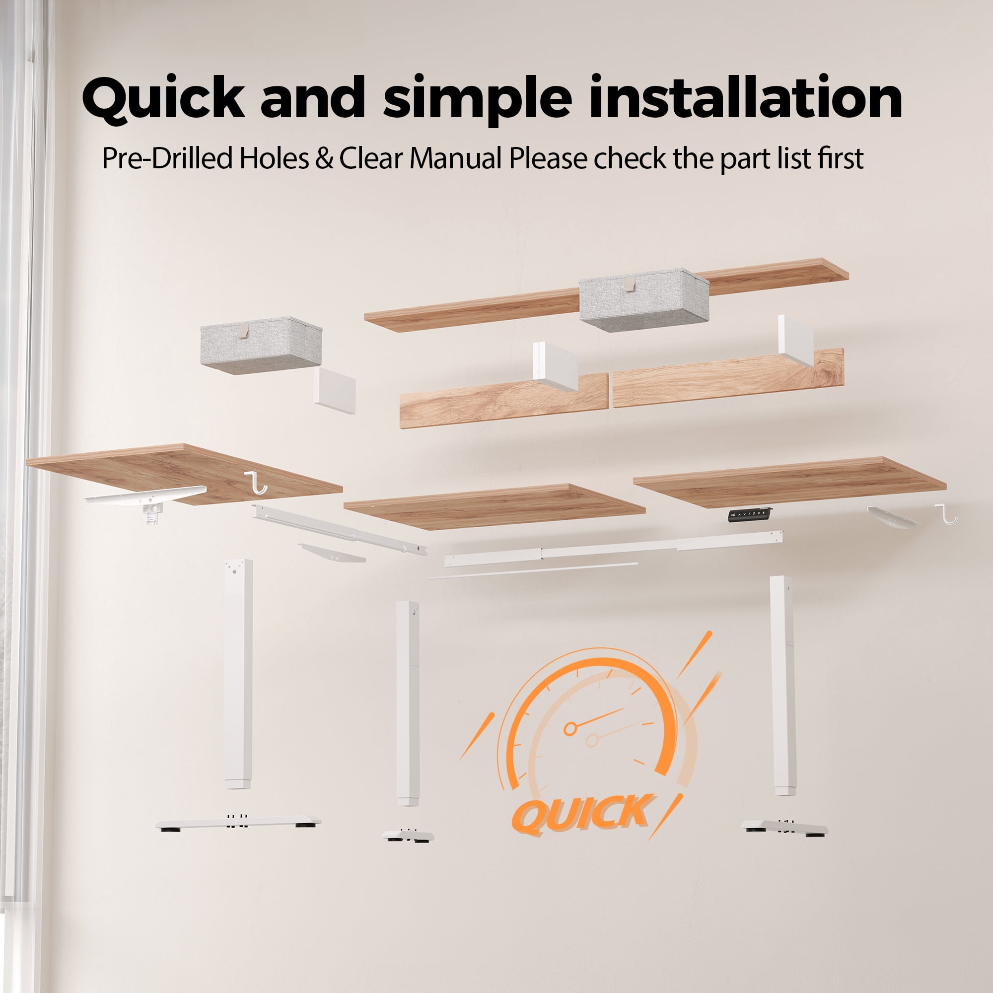 62.9" L Shaped Standing Desk with Drawers & Monitor Shelf, Electric Height Adjustable Corner Desk, Ergonomic Home Office Computer Desk with Hooks & Cable Management,Light Rustic Brown
