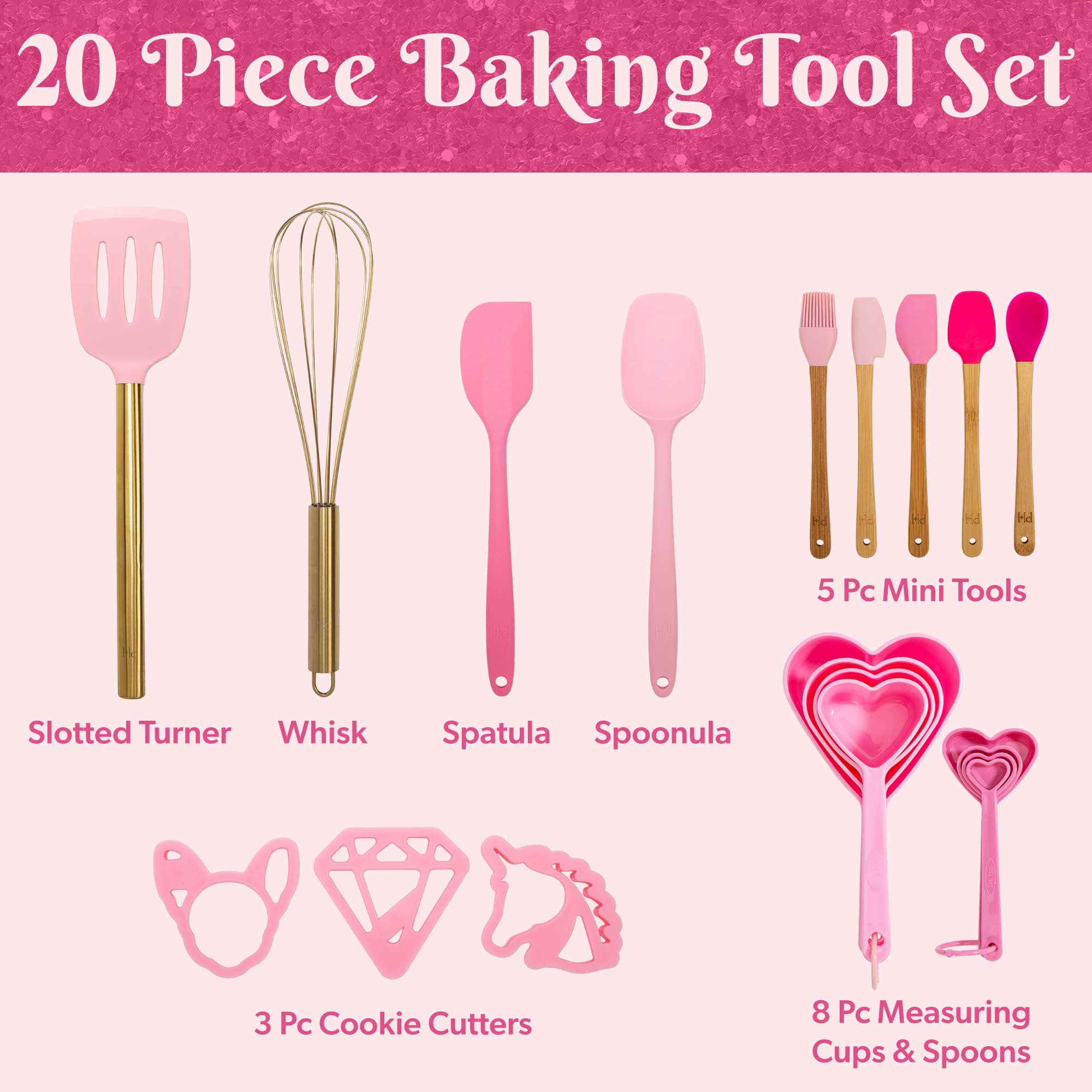Paris Hilton 20 Piece Kitchen Gadget Set, Complete Baking Tool Set with  Measuring Cups, Cookie Cutters, and Silicone Tools, Heat-Resistant up to  400°F