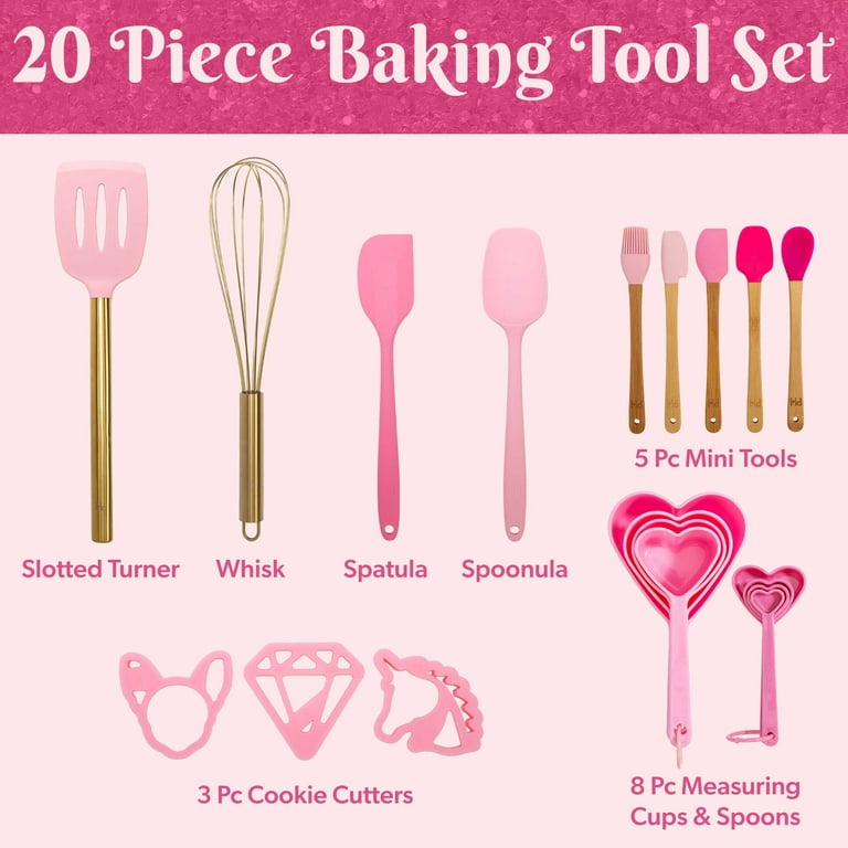 Gold & Pink Kitchen Utensils Set -17 PC Pink Silicone and Gold Cooking  Utensils Set Includes: Gold Utensil Holder, Pink Measuring Cups and Spoons  Set
