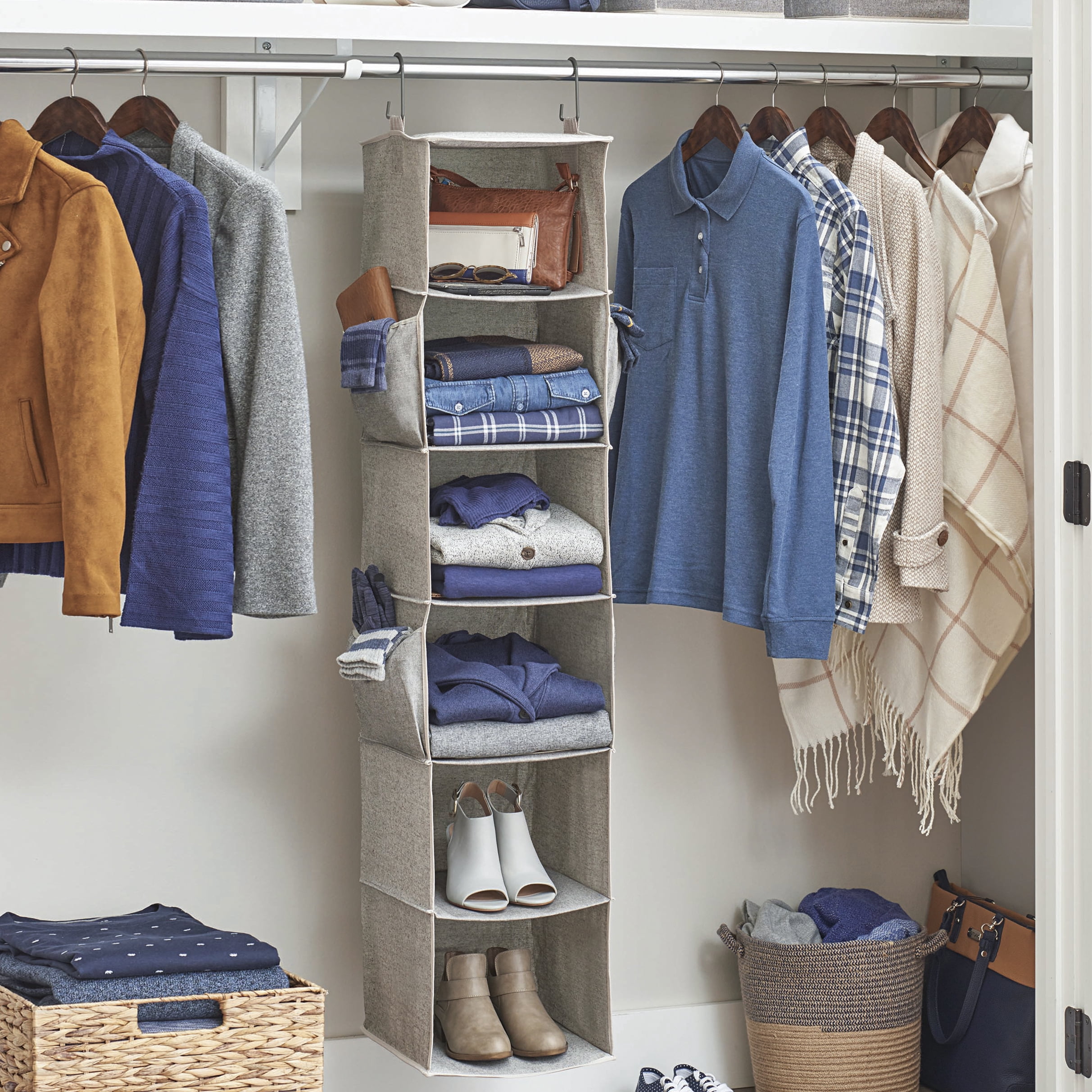 (4 pack) Better Homes & Gardens 6-Shelf Hanging Closet Organizer with Side Pockets in Gray