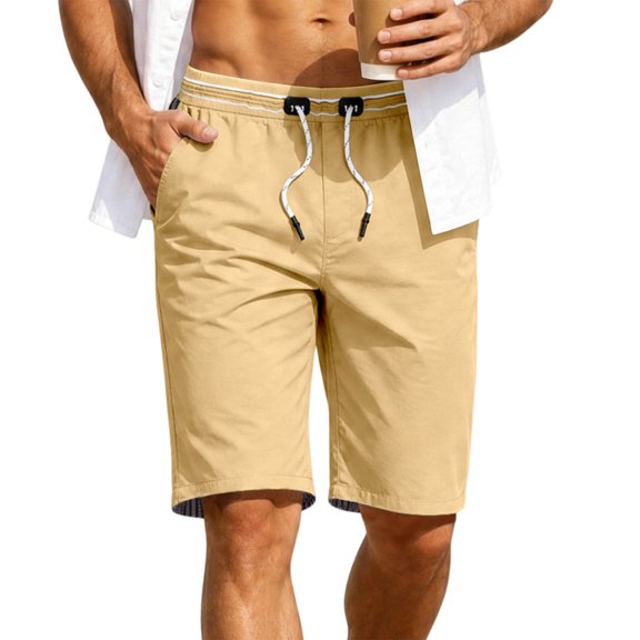 TKKCS Mens Cotton Drawstring Shorts with Pockets- Knee Length Elastic Waist Flat Front Regular Fit Summer Casual Beach Shorts Khaki Size XL