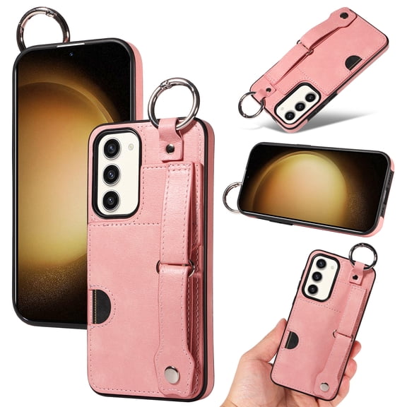 for Samsung Galaxy S23 Plus Wallet Case with Card Holder, Hand Wrist Strap Loop Holder Kickstand, Finger Grip Ring PU Leather Double Buttons Shockproof Soft TPU Cover for Galaxy S23 Plus, Pink