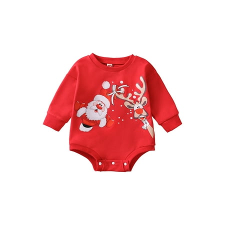 

One opening Baby Boys Girls Christmas Romper Tops Long Sleeve Crew Neck Jumpsuits Santa Claus Elk Print Bodysuit for 0-18M Toddler Kids