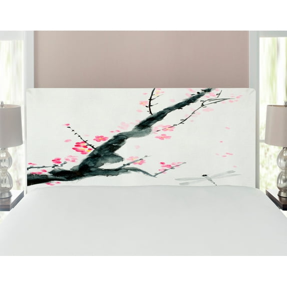 Dragonfly Headboard, Branch of a Pink Cherry Blossom Sakura Tree Bud a Dragonfly Dramatic, Upholstered Decorative Metal Bed Headboard with Memory Foam, Full Size, Pale Sage Green Pink, by Ambesonne