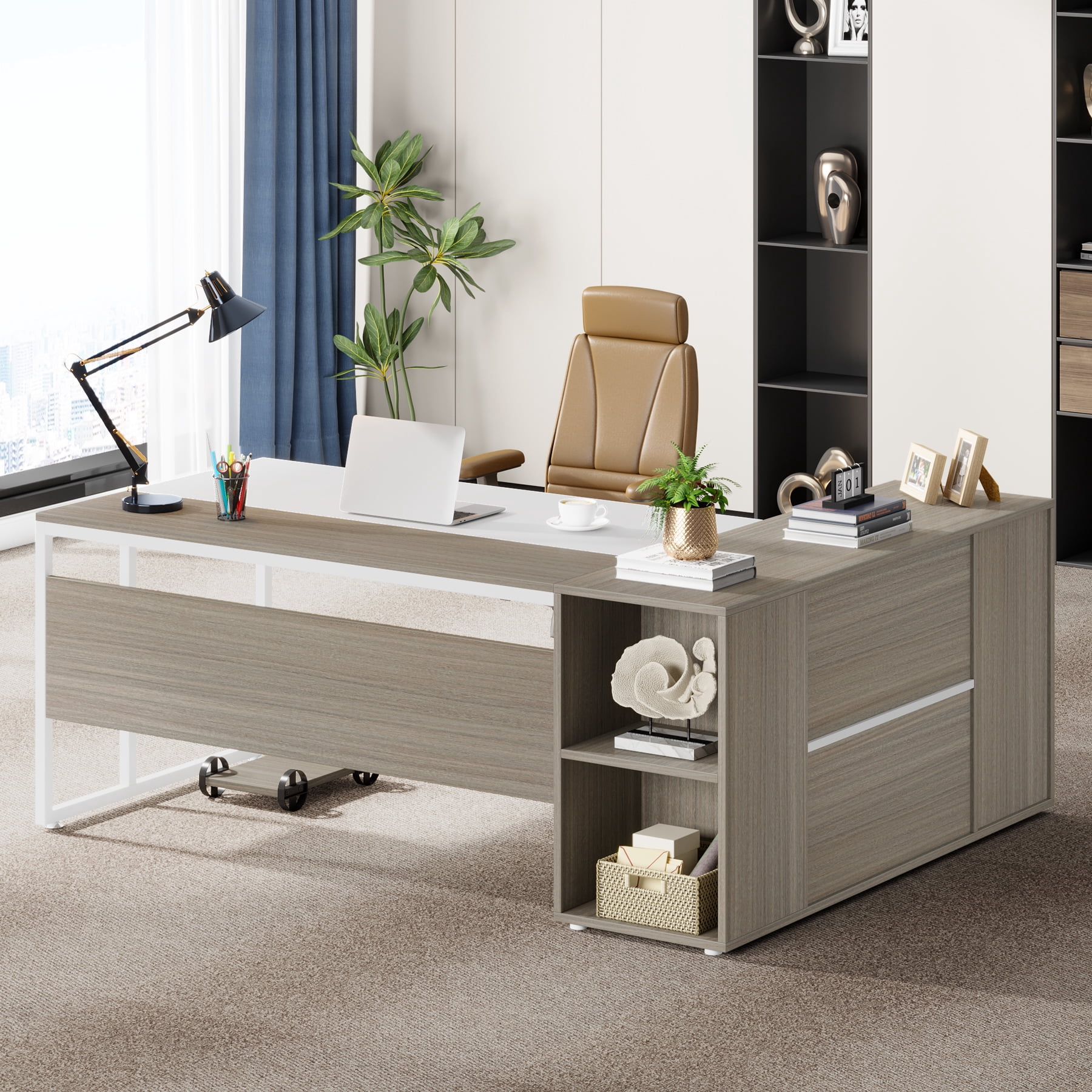Finmind 71 inch Executive Desk, L Shaped Desk with Cabinet Storage, Executive Office Desk with Shelves, Business Furniture Set Workstation for Home Office, Gray and White