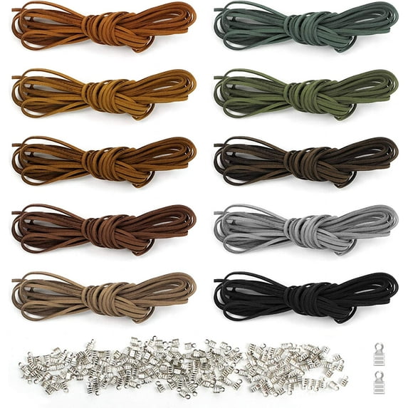 10 Pcs Leather Cord, Faux Suede String 5mx3mm Suede Leather Cord Flat Suede Cord Strip with 100 Pieces Silvery Cord Ends for Jewellery Making DIY Crafts (10 Colors)