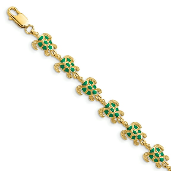 14k Yellow Gold Solid with Green Enamel Sea Turtle Bracelet