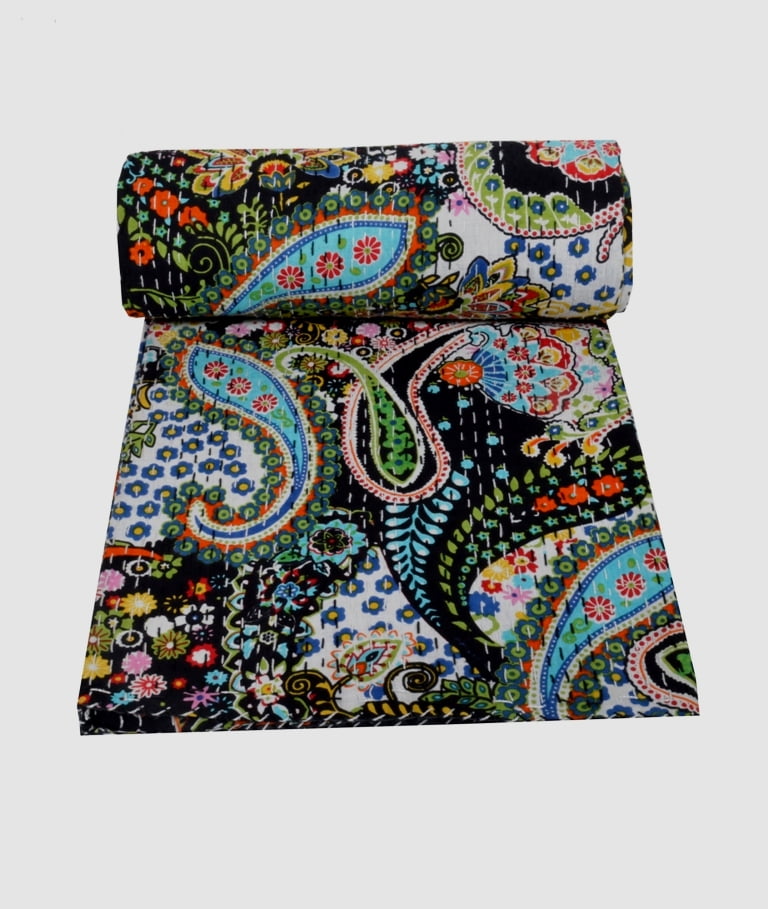 Indian Hand Block Paisley Print Kantha Quilt Twin Size Kantha Throw Blanket Bedspread Boho Quilt Cotton Quilt Twin Kantha
