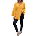 thumbnail image 6 of Women's Plus Size Cotton Linen Tunic, Long Sleeve V Neck Blouse with Flare Sleeve, Solid Color Loose Fit Top for Spring Summer Beach Casual Wear and Vacation Outfits Yellow L, 6 of 7