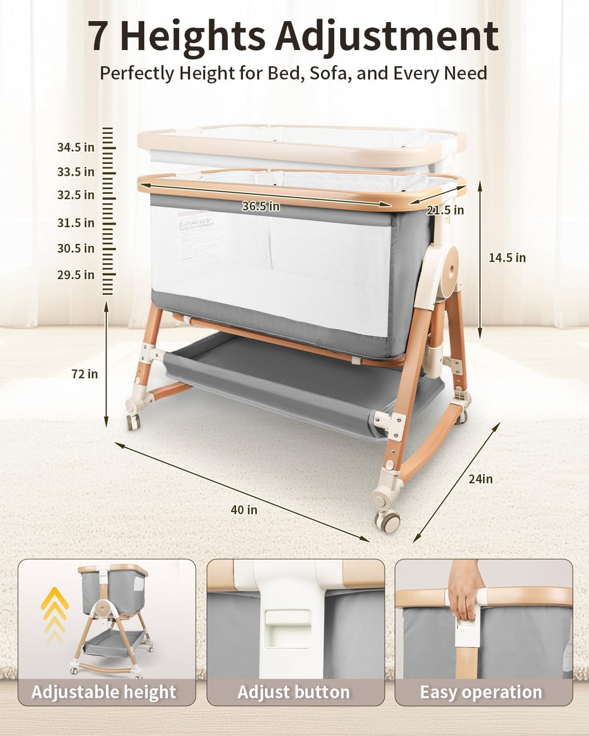 4 in 1 Baby Bassinet Bedside Sleeper W/ Wheels,Storage Basket, Adjustable 7 Heights,Mosquito Net,Breathable Mesh Cradle for Infants Toddler,Grey
